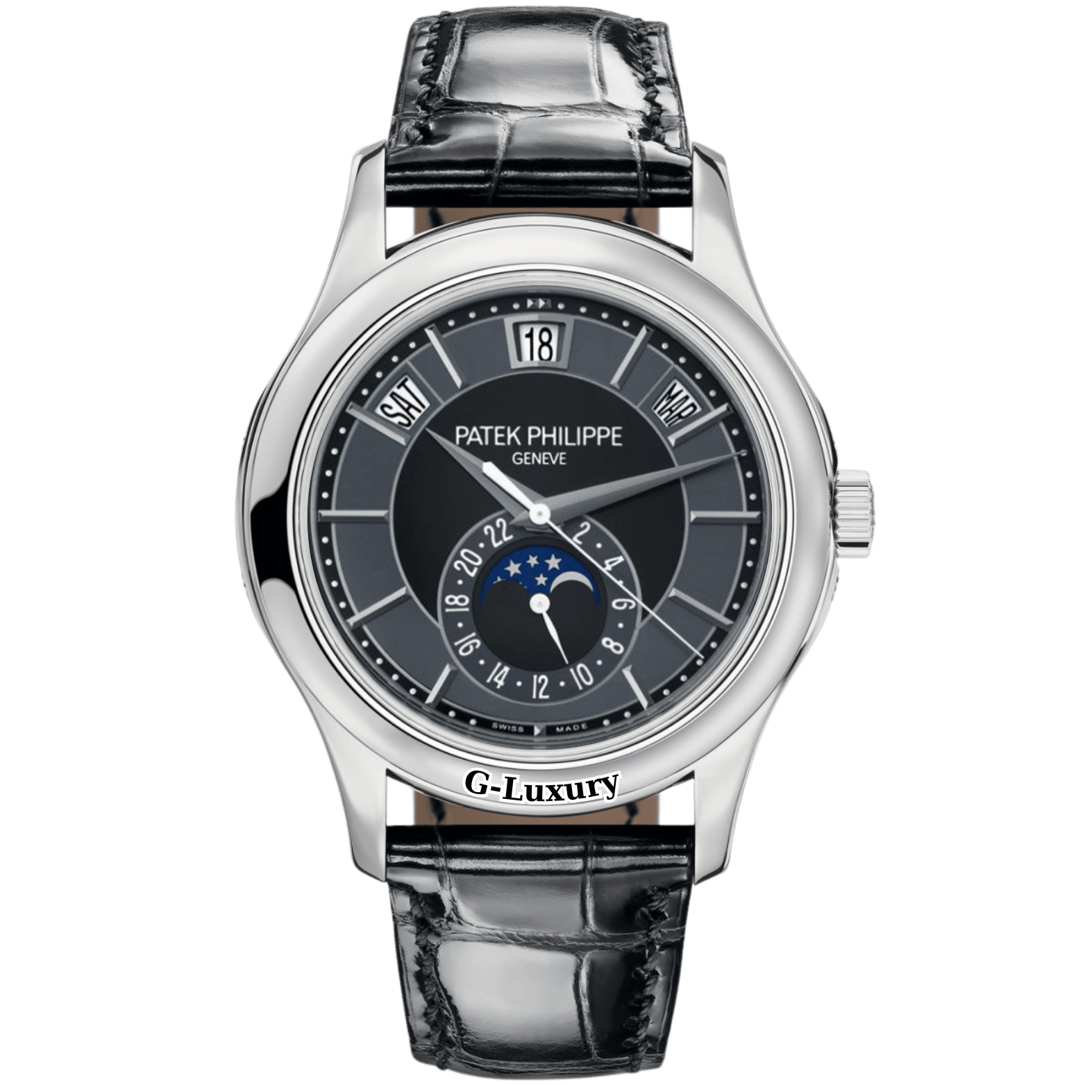 Patek Philippe Complications Moon Phase White Gold Watch 5205G Black Dial 40mm