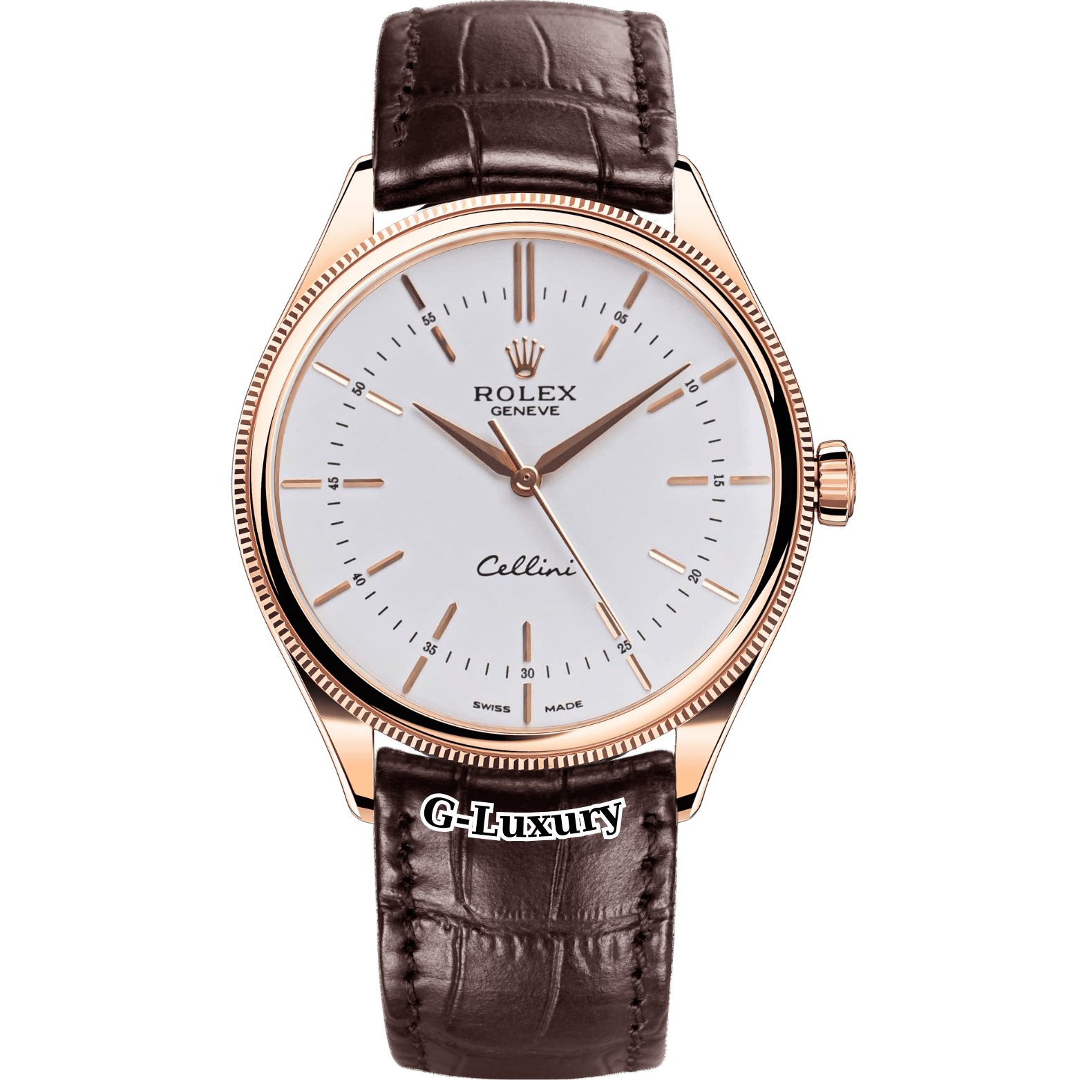 Rolex Cellini Time 39mm Rose Gold White Brown Strap 50505-0020