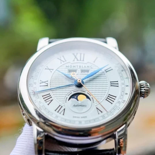 Montblanc Star Moon Phase Automatic Silver Dial Black Leather Men's Watch 113645