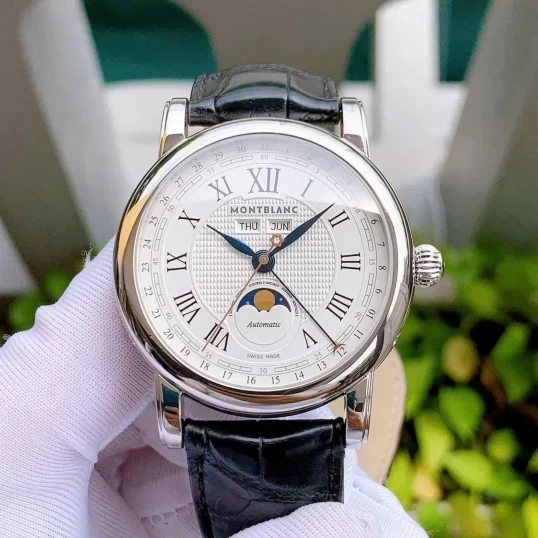 Montblanc Star Moon Phase Automatic Silver Dial Black Leather Men's Watch 113645