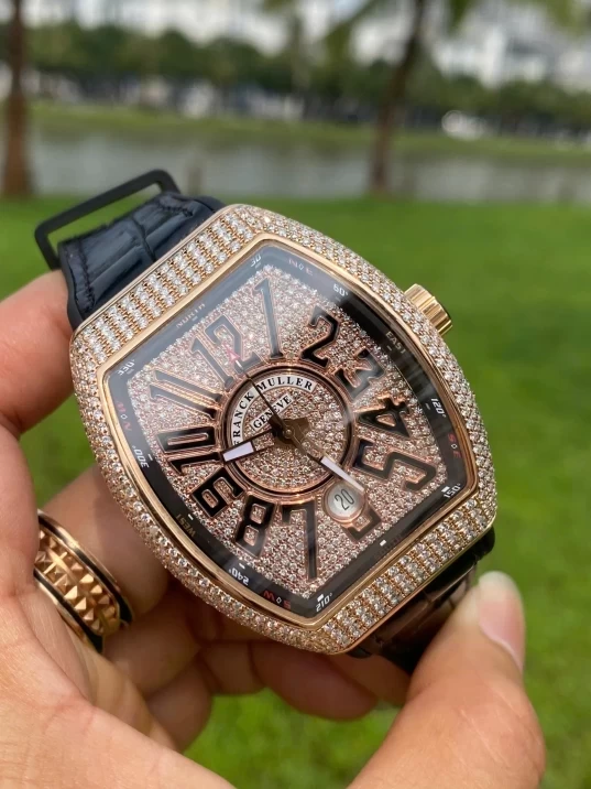 Franck Muller Yachting V41 SC DT 18K Rose Gold Custom Full Diamonds Black Dial
