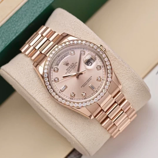 Rolex Oyster Perpetual Day-Date 36mm Ref. 118235 Sundust Dial – Custom Diamond Bezel