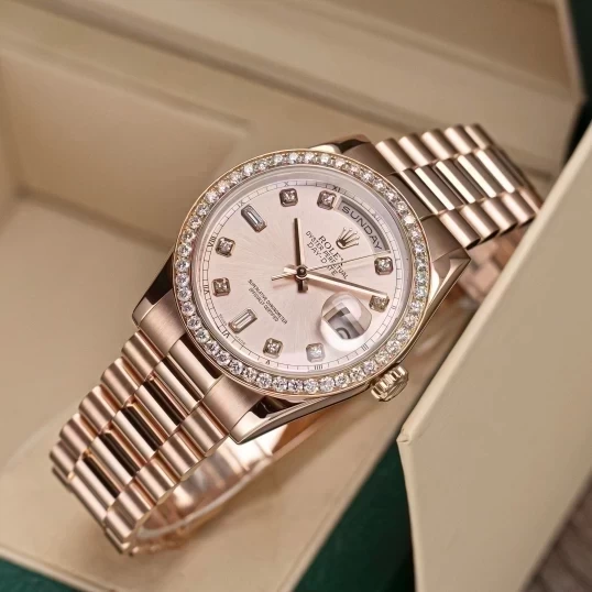Rolex Oyster Perpetual Day-Date 36mm Ref. 118235 Sundust Dial – Custom Diamond Bezel