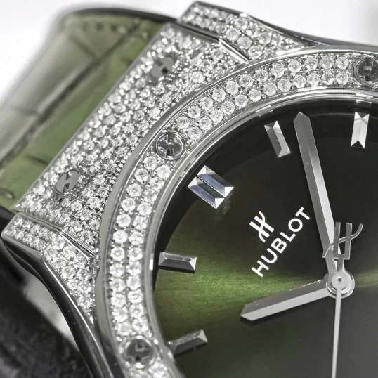 Hublot Classic Fusion Titanium Green 42mm Ref. 542.NX.8970.LR Custom Full Pave Diamonds