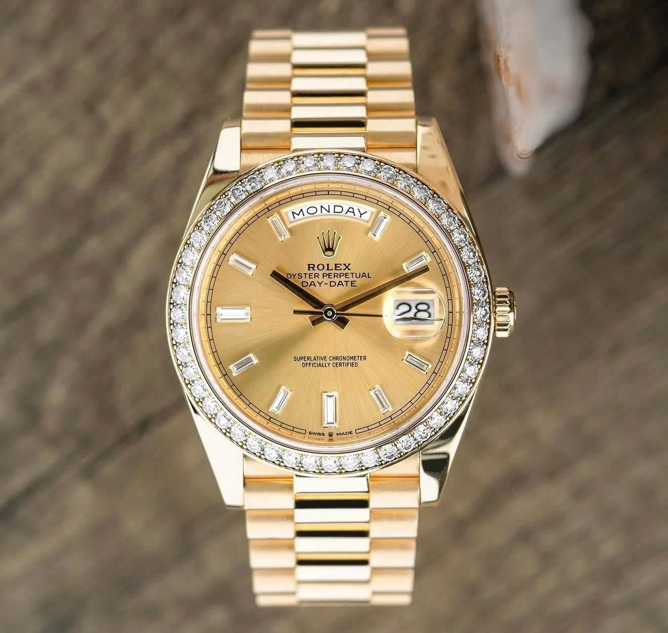 Rolex Oyster Perpetual Day-Date 40 Ref. 228348RBR – Champagne Dial Baguette Diamond