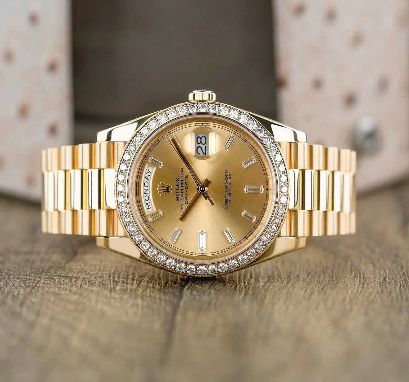 Rolex Oyster Perpetual Day-Date 40 Ref. 228348RBR – Champagne Dial Baguette Diamond
