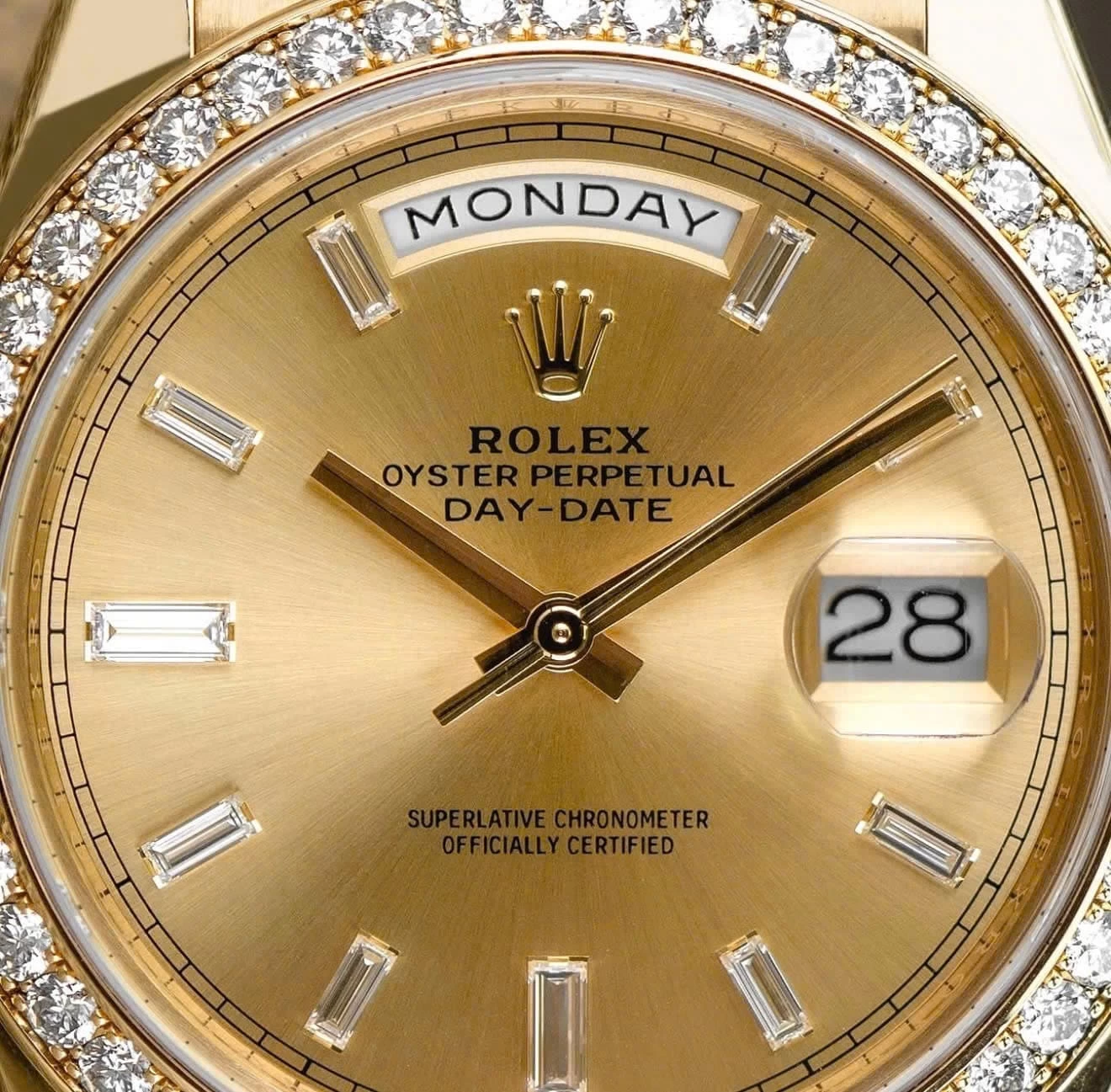 Rolex Oyster Perpetual Day-Date 40 Ref. 228348RBR – Champagne Dial Baguette Diamond